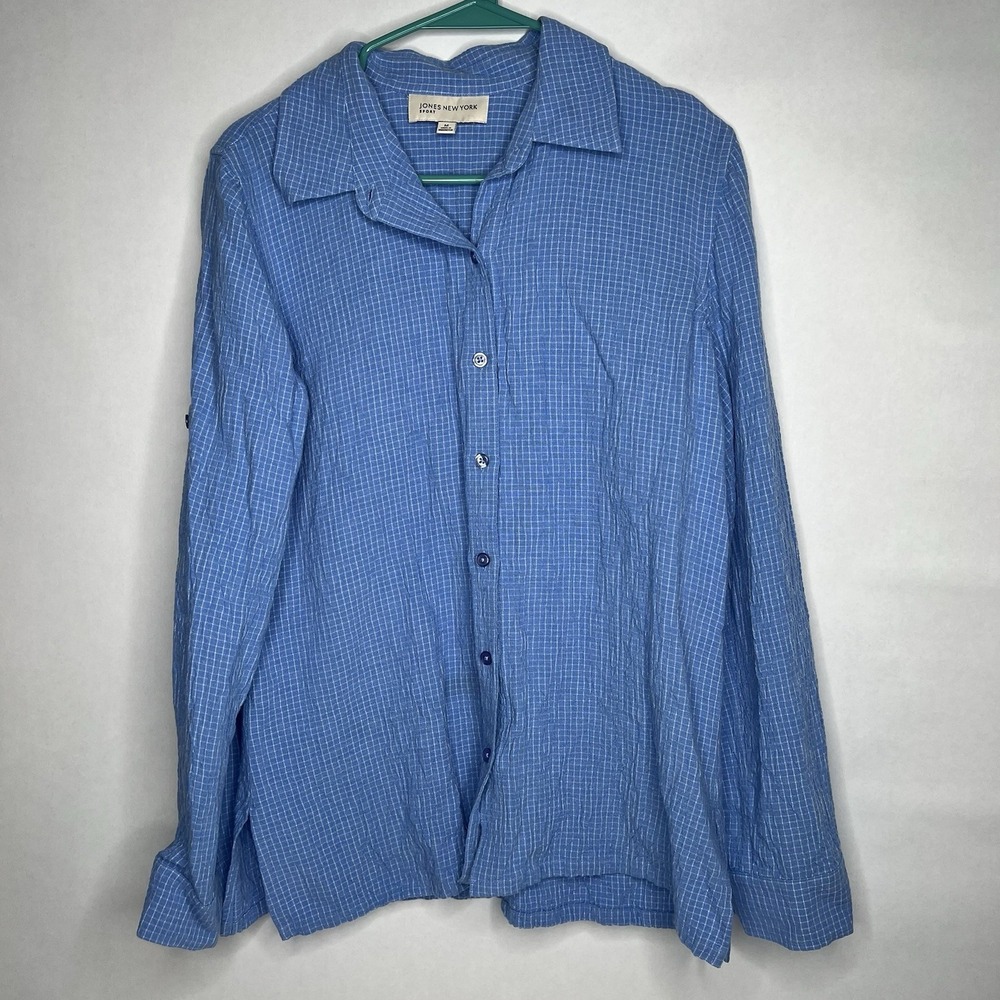 Jones New York Linen Blend Shirt Womens M Roll Tab Sleeve Classic Match Very 90s